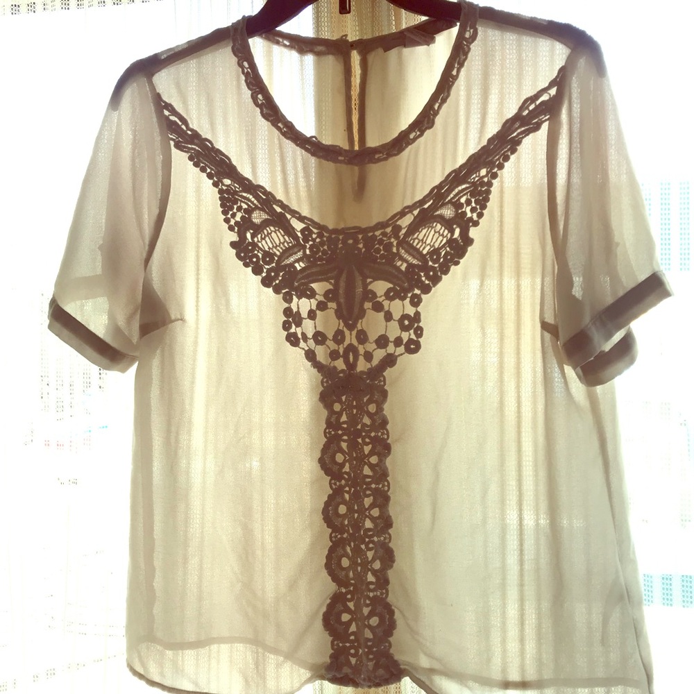 Sheer off white/cream blouse with knit trim
